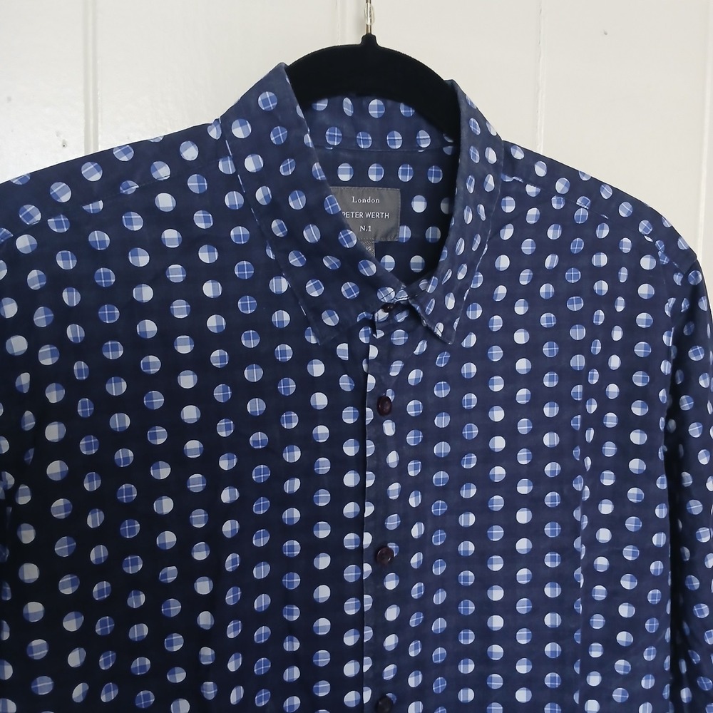 Peter Werth London Shirt Saxondale Button‎ Up Navy Plaid Polka Dots Men's Large